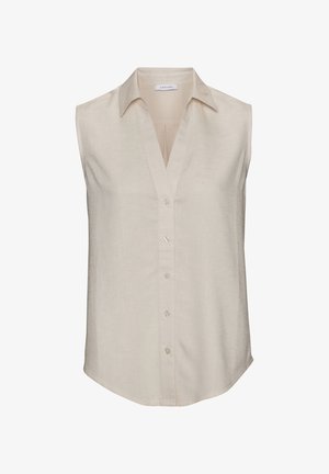 Sleeveless beige linen shirt with a pointed collar, v-neckline, and front button closure. Features a slightly curved hemline.