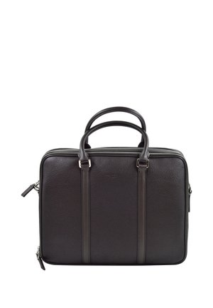 Serviette en cuir noir avec doubles poignées, deux sangles verticales et fermeture éclair double sur fond blanc.