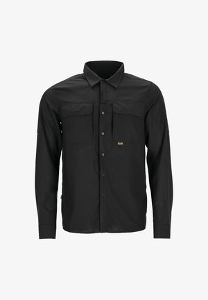 Czarna, długosleeve'owa koszula wykonana z lekkiego materiału, z dwiema kieszeniami na piersiach, zapięciem na guziki oraz teksturowanym wzorem na powierzchni.