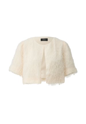 Veste courte écrue à manches courtes, ouverte sur le devant, en tissu texturé doux et duveteux.