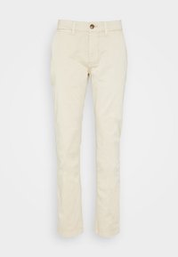 Beige cotton chinos with a straight-leg design, featuring a buttoned waistband and minimal stitching details. Smooth texture.