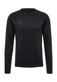 Maglietta atletica a maniche lunghe nera con un design aderente, accenti neri testurizzati sulle maniche e un logo sul petto.