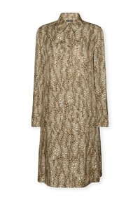 Vestido de estampado animal con un patrón marrón y beige, mangas largas y cuello. La tela tiene una textura suave y fluida.