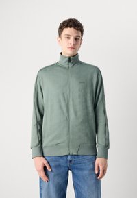 Lys grønn zip-up jakke med et teksturert mønster, høy krage og elastiske mansjetter, sammen med blå jeans. Enkelt design, uformell stil.