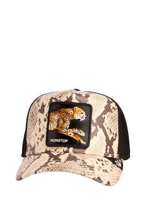 LKW-Cap mit einer beige-braunen Schlange-Muster-Front, die ein schwarzes Patch mit einem gestickten Geparden und dem Text "NONSTOP" zeigt.