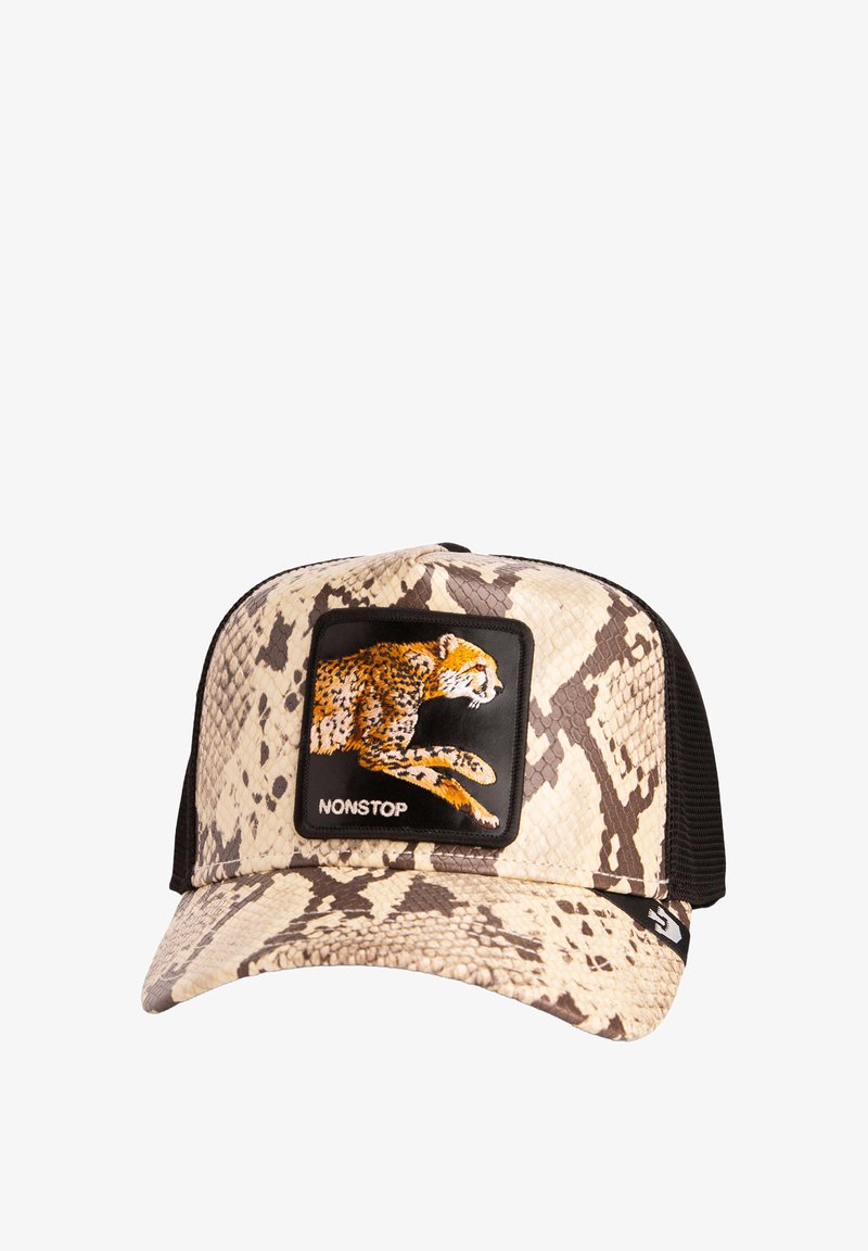 LKW-Cap mit einer beige-braunen Schlange-Muster-Front, die ein schwarzes Patch mit einem gestickten Geparden und dem Text "NONSTOP" zeigt.