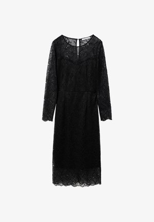 Must pitskleit pikkade varrukatega, ümar kaelusega, istuva bodi ja lehviva seelikuga, millel on keerukad lillemustrid ja laineline ääris.