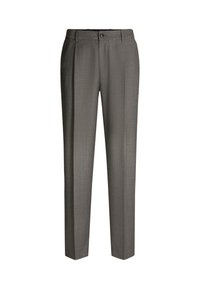 Pantaloni eleganti grigi con chiusura frontale a bottone e zip, tasche laterali e passanti per la cintura, esposti su uno sfondo bianco.