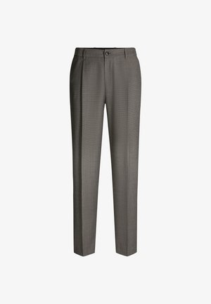 Pantaloni eleganti grigi con chiusura frontale a bottone e zip, tasche laterali e passanti per la cintura, esposti su uno sfondo bianco.