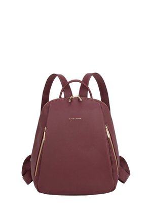 Compact dark red backpack with two front zipper pockets, adjustable shoulder straps, top handle, and "David Jones" logo on the front.