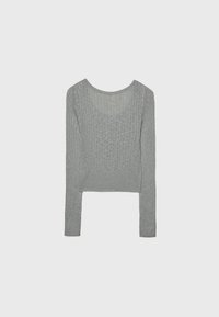 Light gray, ribbed knit long-sleeve top with a rounded neckline and a cropped hem. Made from a soft, textured fabric.