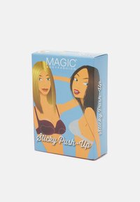 Packaging for Magic Bodyfashion Sticky Push-Up features two illustrated women in different colored bras against a blue background.