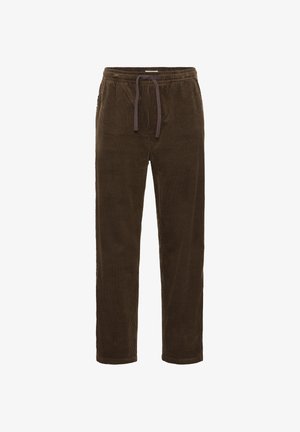 Brown corduroy pants with a textured finish, tapered fit, and an elastic waistband featuring a drawstring for adjustable sizing.