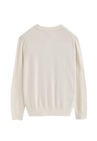 Cremfarbener Pullover mit glatter Textur, geripptem Halsausschnitt und Saum sowie einem schlichten Design. Mit langen Ärmeln und ohne Verzierungen.