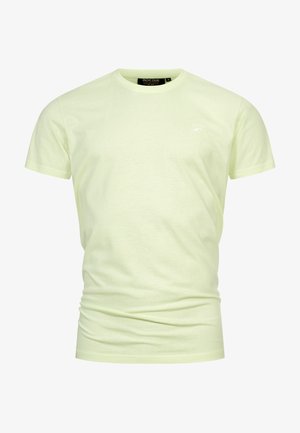 Lys gul kortærmet t-shirt lavet af blødt bomuld, med ribkant ved halsen og et lille logo på brystet.