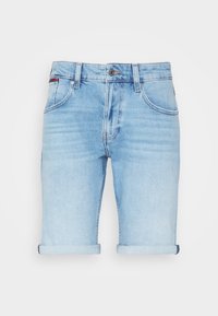 Ljusblå denimshorts med uppvikta fållar, med en klassisk femficksdesign och kontrasterande sömmar. Metallknappstängning.
