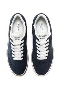 Navy suede sneakers with white laces and accents. Features a round toe, padded collar, and branded insole displaying "Gattinoni Roma."