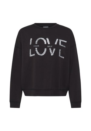 Sort sweatshirt med lange ærmer og sølvglitrende tekst med teksten "LOVE YOUR SELF" foran.