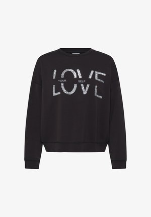 Sort sweatshirt med lange ærmer og sølvglitrende tekst med teksten "LOVE YOUR SELF" foran.