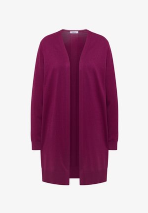 Cardigan à manches longues et devant ouvert en magenta profond avec poignets et ourlet côtelés, en tissu tricoté léger, sans boutons ni fermetures.