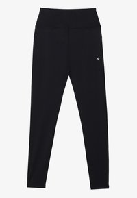 Leggings negros hechos de tejido elástico con una cintura alta, que presentan un pequeño logo en la parte inferior de la pierna izquierda y una textura suave.