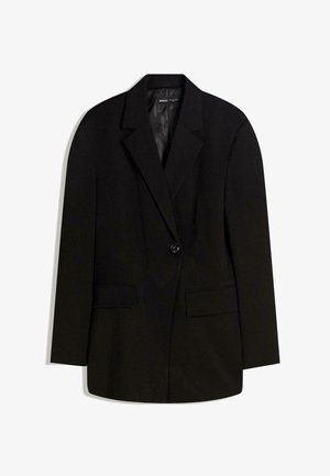 Black blazer made from smooth fabric, featuring a single button closure, two front pockets, and a notched lapel design.