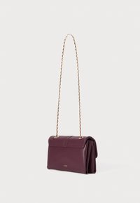 Borsa in pelle bordeaux con design pieghettato, tracolla in catena dorata e cuciture sottili. Presenta un piccolo logo sul davanti.