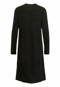 Robe noire à manches longues, longueur genou, avec une coupe simple et droite et un col rond, vue de dos.