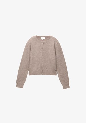 Beige cardigan lavet af blødt strikstof, med rund hals, lange ærmer, knapper foran og ribkant ved ærmer og bund.