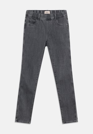 Dark gray slim-fit jeans with elastic waistband, front pockets, and a small brand label on the inside back waistband.