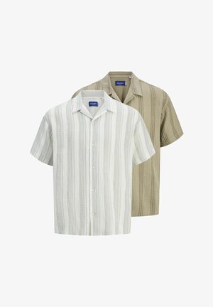 Short-sleeve shirts in white with gray stripes and light brown with darker stripes, featuring button closures and a relaxed collar design.