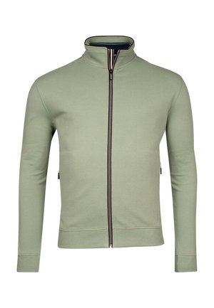 Lichtgroene hoodie met rits en hoge kraag, contrasterende rits en geribde manchetten. Gladde textuur met zijzakken.