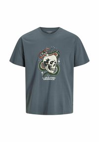 Pilkas medvilnės marškinėliai su dideliu kaukolės piešiniu, supančiu gyvatę, žvaigždes ir prekės ženklą "Jack & Jones Originals" baltai.