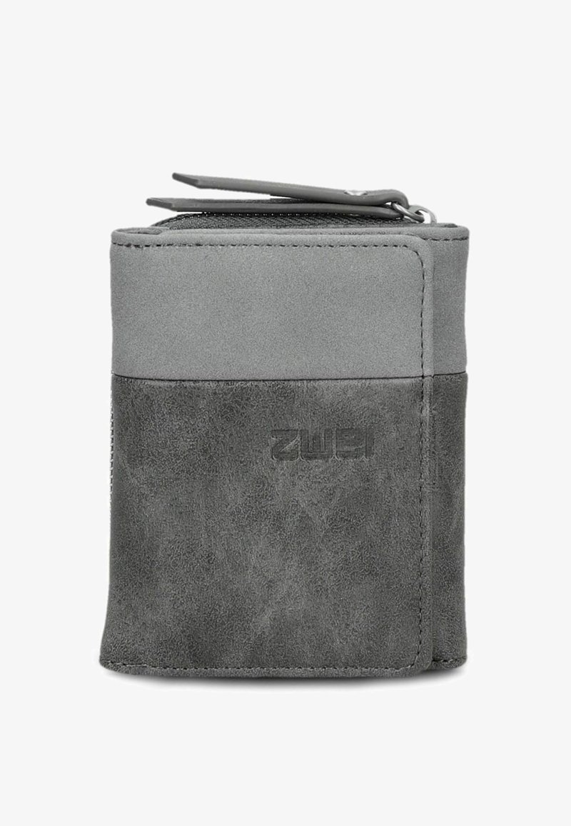Gray leather wallet with a textured finish, featuring a smooth gray accent panel and a zipper closure at the top.