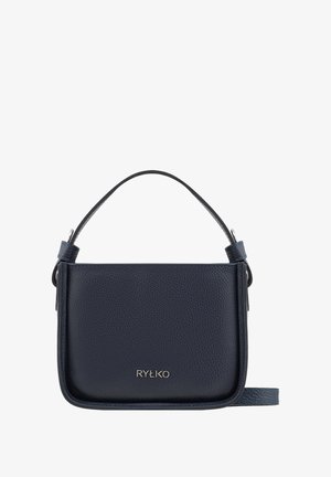 Jūras zilas ādas krustnīcas soma ar strukturētu apdari, plakana taisnstūra forma, īsa siksna un sudraba logotips uz priekšpuses.