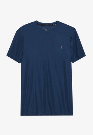 Navyblauwe T-shirt met korte mouwen, gemaakt van gladde stof, met een klein logo op de borst en een ronde kraag.