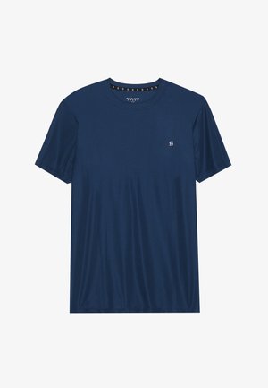 Námornícky modré tričko s krátkym rukávom vyrobené z hladkej látky, s malým logom na hrudi a okrúhlym golierom.