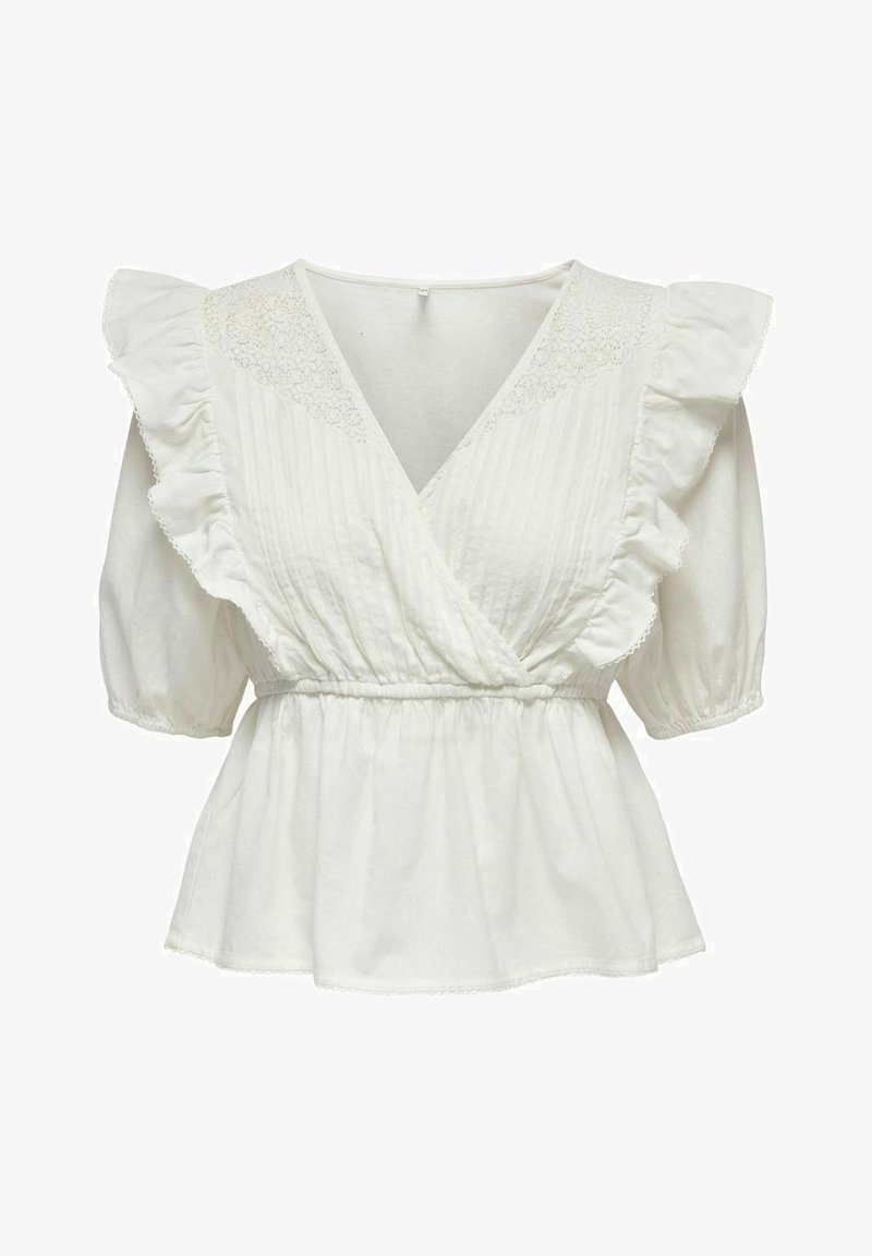 Blouse blanche à manches courtes volantées, avec un corps texturé et une taille élastique. Présente des accents en dentelle au niveau de l'encolure et un ourlet évasé.