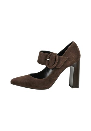 Zapato Mary Jane de ante marrón con tacón alto, puntera puntiaguda, correa gruesa con hebilla redonda y tacón bloque.