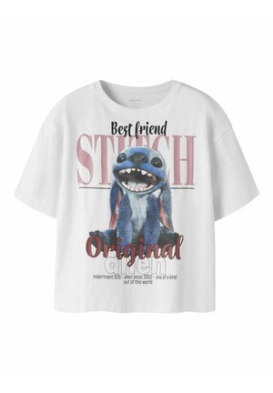 T-shirt blanc avec un graphisme coloré de Stitch de Lilo & Stitch et un texte indiquant "Best friend Stitch Original alien."