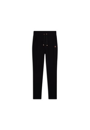Pantaloni jogger neri realizzati in materiale morbido, dotati di una vita elastica con cordini, tasche laterali e una piccola etichetta con logo.