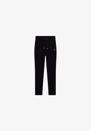 Pantalon de jogging noir en matériau doux, avec une taille élastique munie de cordons de serrage, des poches latérales et une petite étiquette logo.