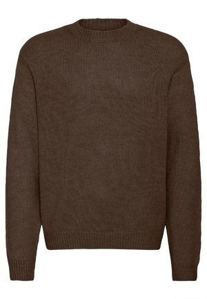 Brun strikket sweater med rund halsudskæring, ribbede manchetter og kant. Stoffet er tekstureret og giver en afslappet pasform med lange ærmer.