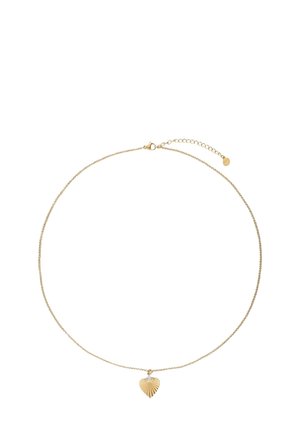Goudkleurige ketting met een dunne schakel, voorzien van een textuurhart-hanger en een korte verstelbare sluiting met een klein lusje.