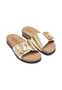 Gold metallic slide sandals with a wide strap and large square buckle. Cork insole and textured black rubber sole for grip.
