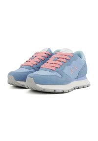 Blue suede and textile sneakers with pink laces and accents. Features a white and light blue sole, logo detail on the side, and padded collar.