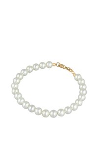 Armband aus weißen Süßwasserperlen mit runden Perlen, einem goldfarbenen Verschluss und einer glatten, glänzenden Oberfläche. Einfaches und elegantes Design.