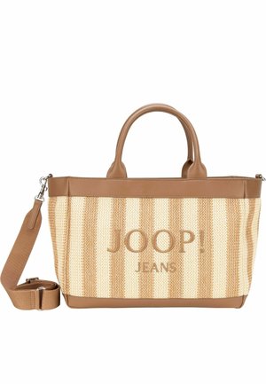 Borsa tote a righe beige e sabbia con manici superiori, tracolla rimovibile e logo "JOOP! JEANS" sul davanti.
