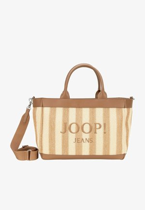 Bež in rjav pasasti torbici z ročaji na vrhu, snemljivim naramnim trakovi in logotipom "JOOP! JEANS" spredaj.