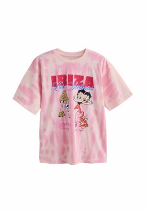 Rosa Batik-T-Shirt mit kurzen Ärmeln mit dem Text „IBIZA Las Salinas“ und der Cartoon-Figur Betty Boop mit einer Illustration einer Palme und einer Krabbe.